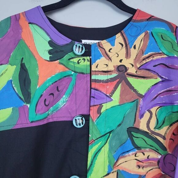 Vintage Silkscapes Womens Handpainted Jacket Multicolor Large Art to Wear Floral - Picture 3 of 6